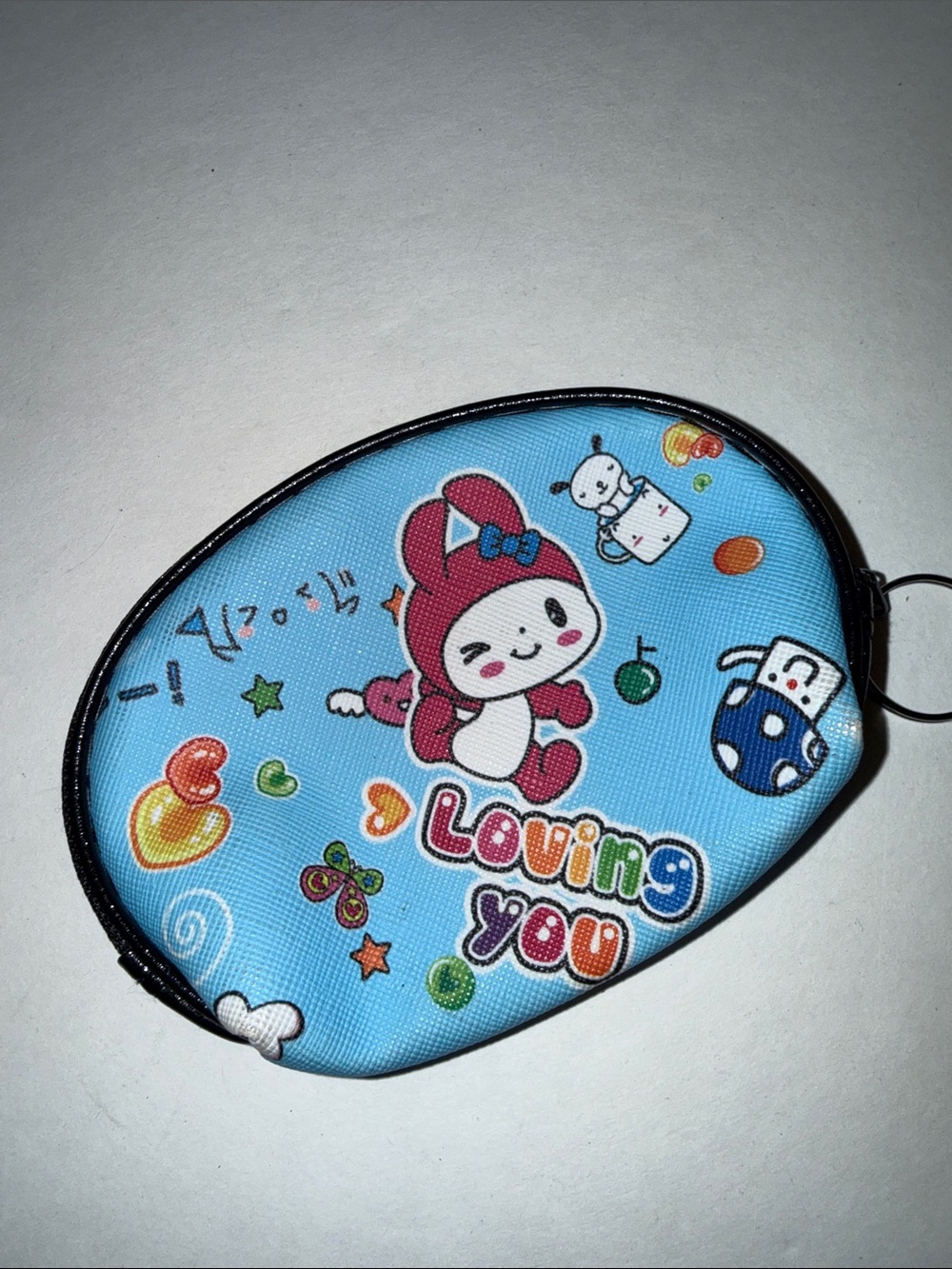 Y2K Vintage Sanrio My Melody Coin Purse Zip Pouch Keychain Blue Loving You